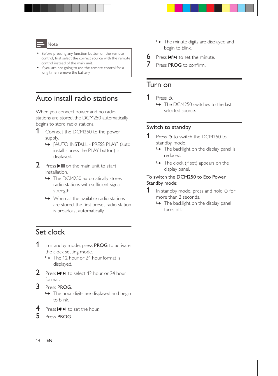 Auto install radio stations, Set clock 1, Turn on 1 | Philips DCM250/37 User Manual | Page 14 / 28