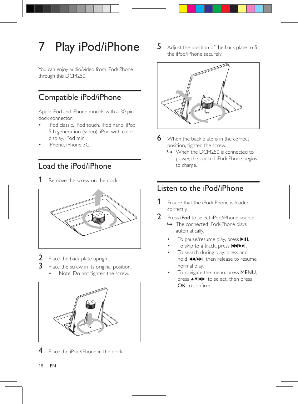 7 play ipod/iphone | Philips DCM250/37 User Manual | Page 18 / 28