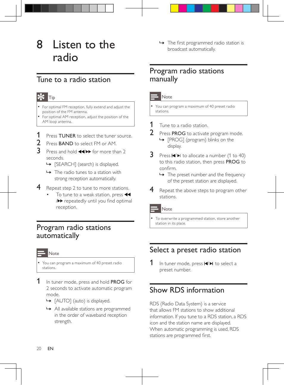 8 listen to the radio, Tune to a radio station, Program radio stations automatically | Program radio stations manually, Select a preset radio station 1, Show rds information | Philips DCM250/37 User Manual | Page 20 / 28