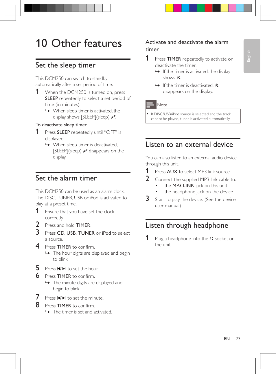 10 other features, Set the sleep timer, Set the alarm timer | Listen to an external device, Listen through headphone 1 | Philips DCM250/37 User Manual | Page 23 / 28