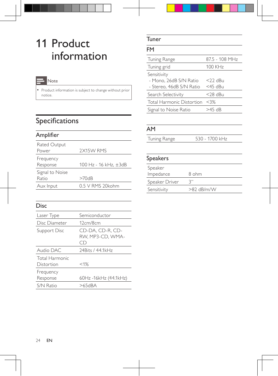 11 product information, Specifications | Philips DCM250/37 User Manual | Page 24 / 28