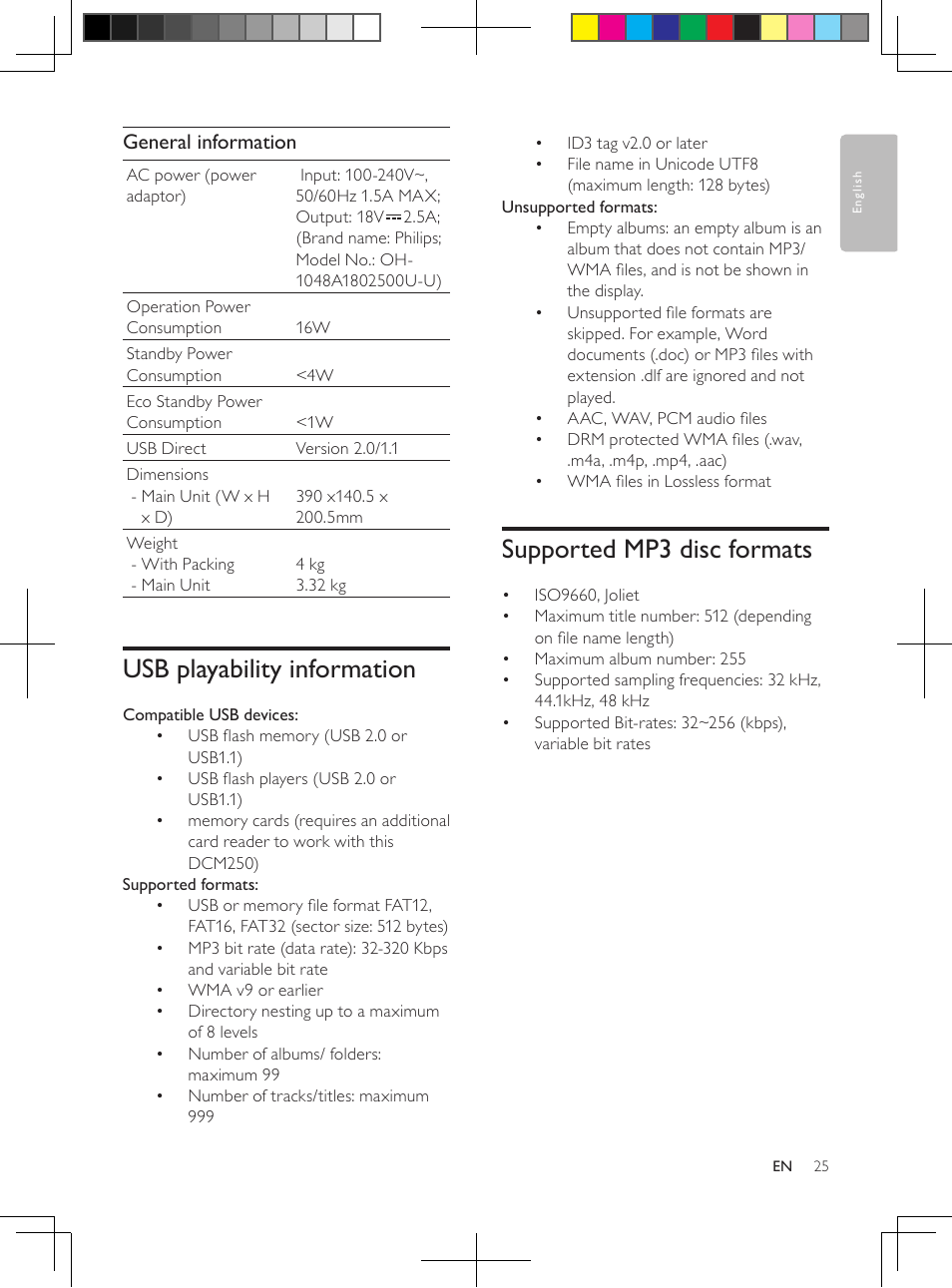 Usb playability information, Supported mp3 disc formats, General information | Philips DCM250/37 User Manual | Page 25 / 28