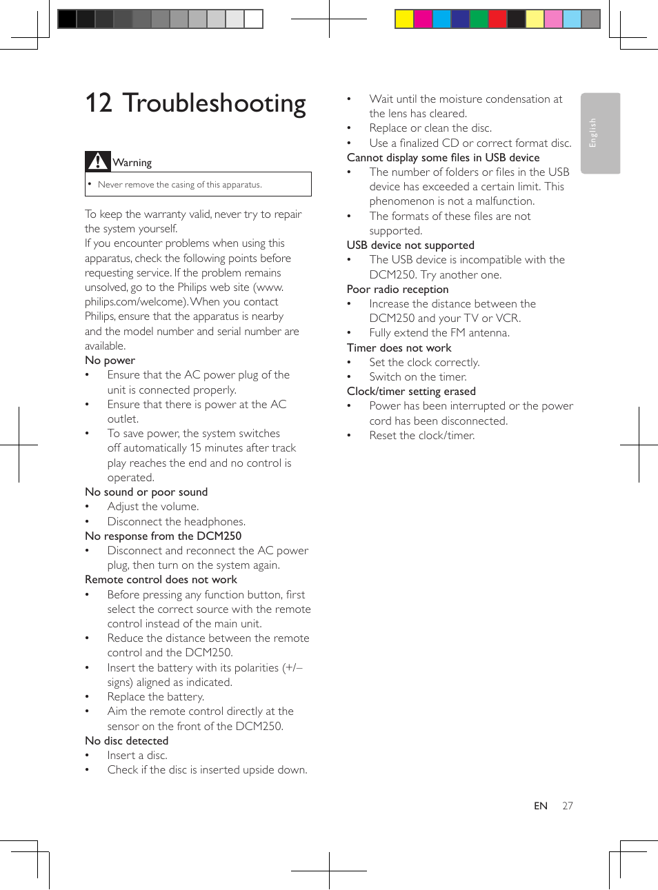 12 troubleshooting | Philips DCM250/37 User Manual | Page 27 / 28