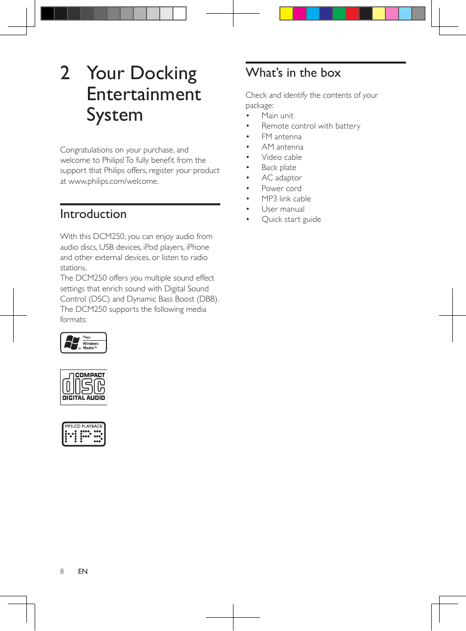 2 your docking entertainment system | Philips DCM250/37 User Manual | Page 8 / 28