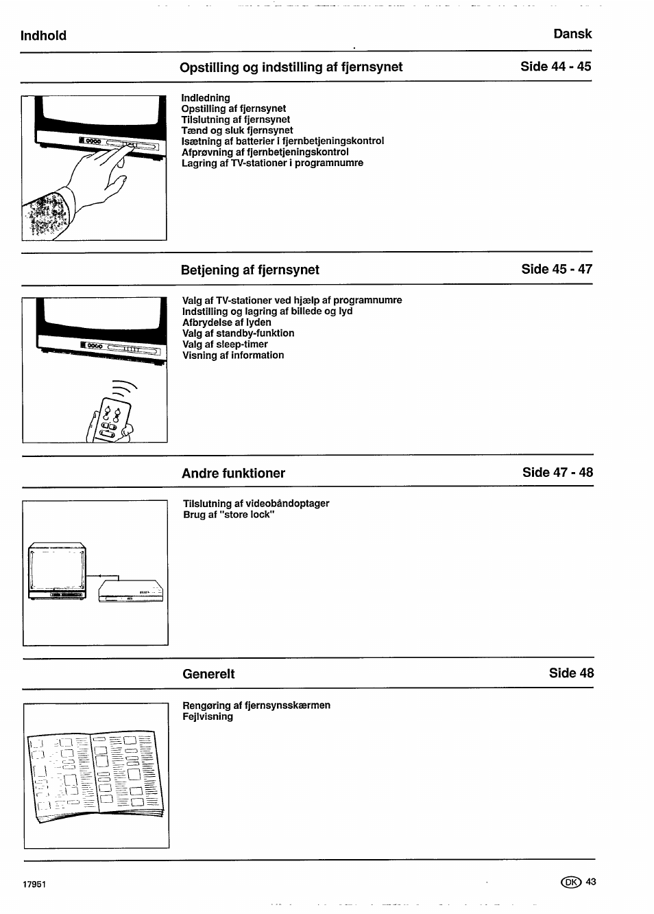 Indhold, Dansk, Opstilling og indstilling af fjernsynet | Betjening af fjernsynet, Andre funktioner, Generelt | Philips 20GR1250 User Manual | Page 5 / 14