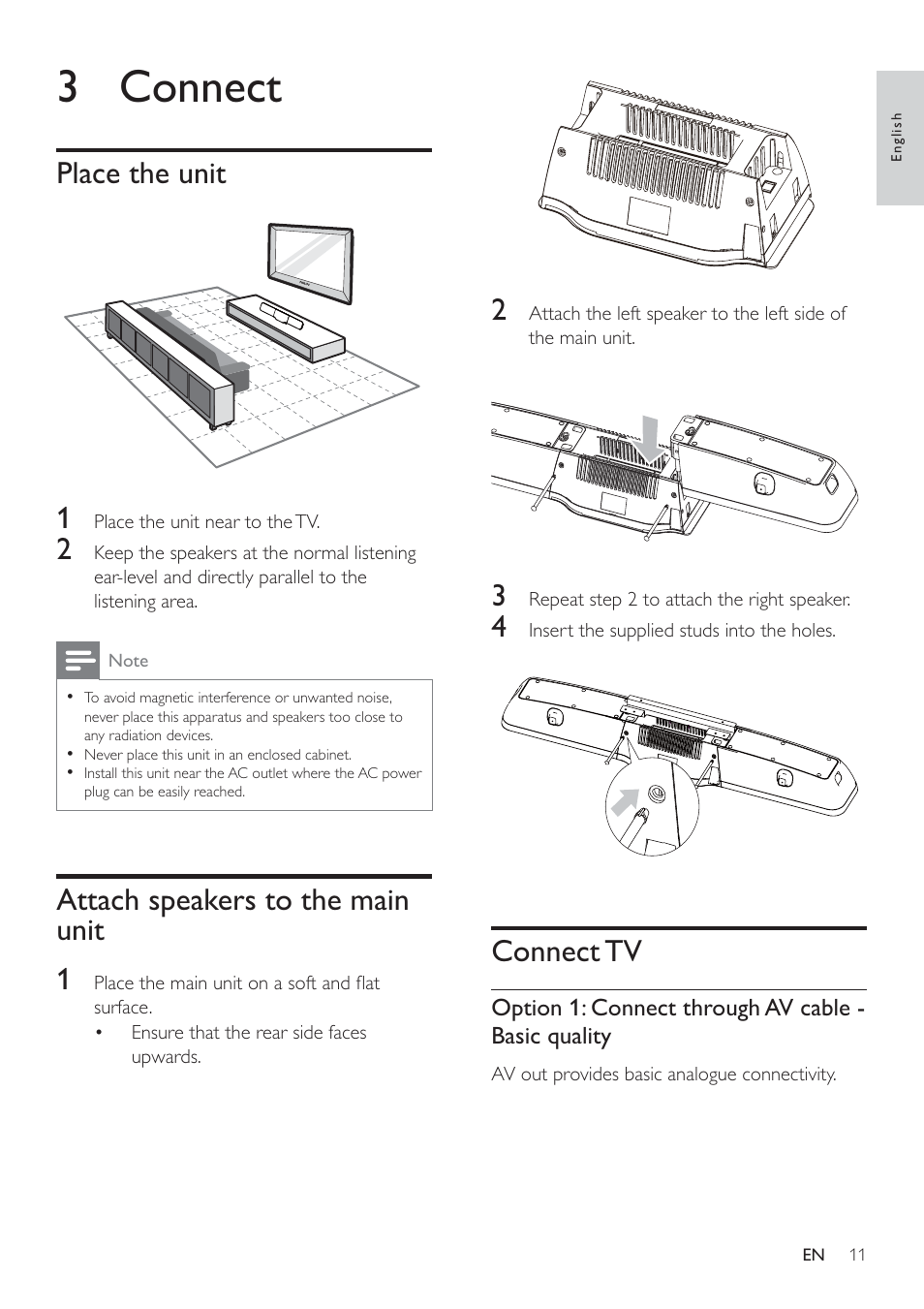 3 connect, Connect tv, Place the unit 1 | Attach speakers to the main unit 1 | Philips HSB2351/98 User Manual | Page 10 / 36