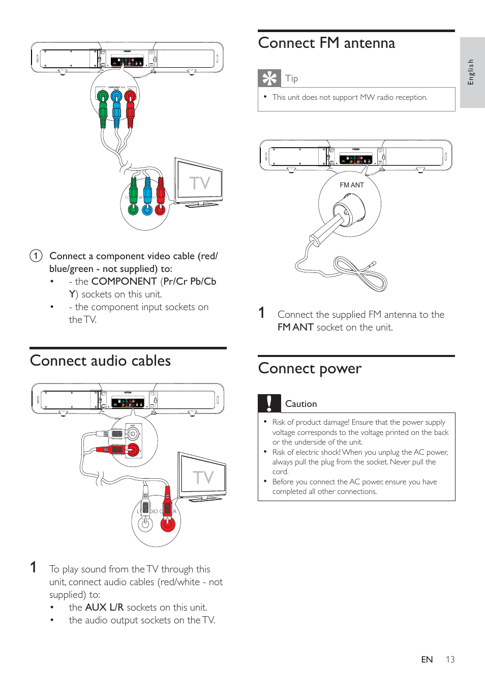 Connect fm antenna, Connect power, Connect audio cables 1 | Philips HSB2351/98 User Manual | Page 12 / 36