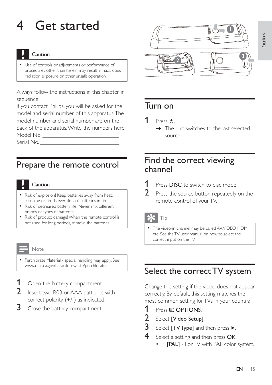 4 get started, Turn on 1, Find the correct viewing channel 1 | Select the correct tv system, Prepare the remote control | Philips HSB2351/98 User Manual | Page 14 / 36