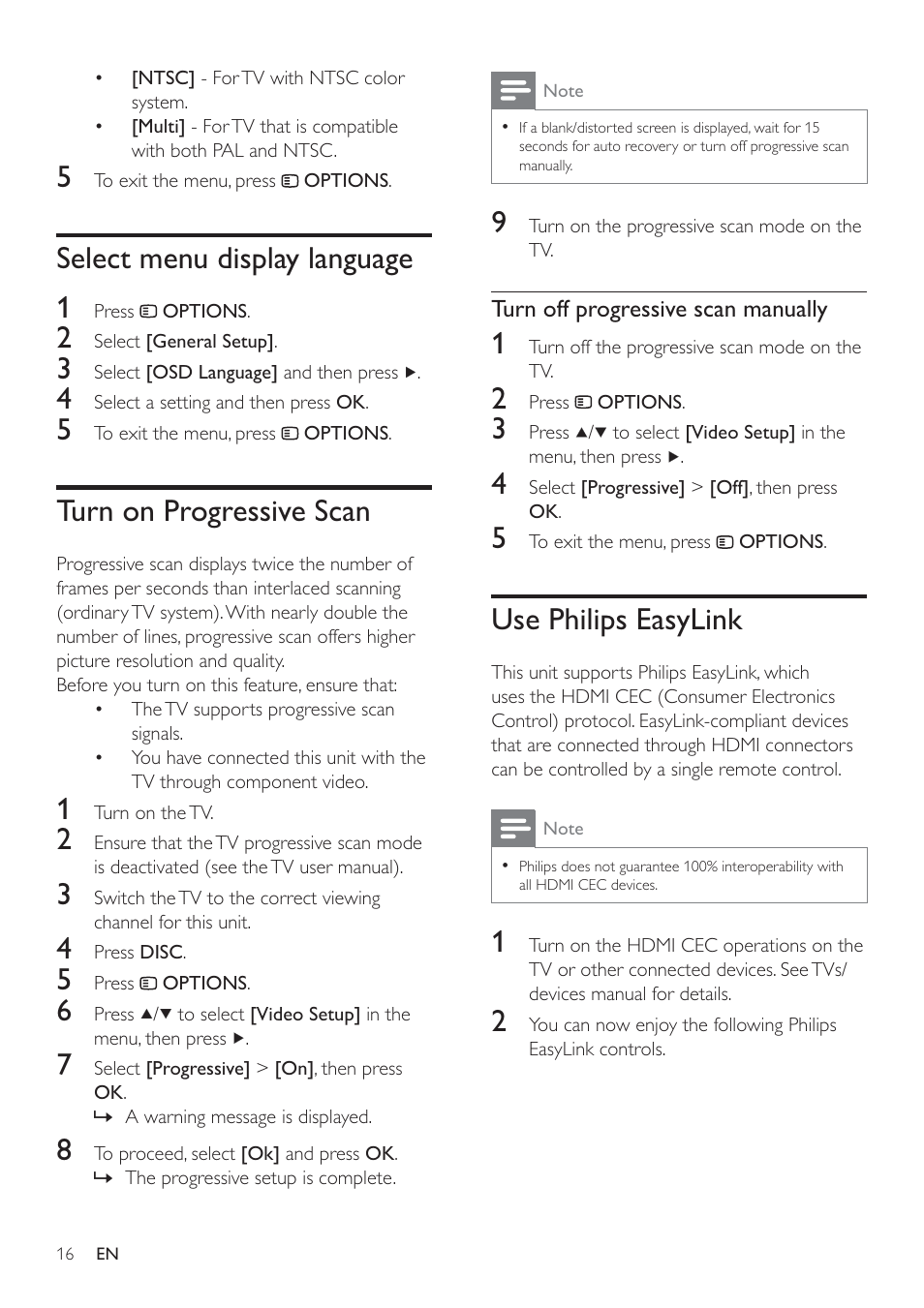 Use philips easylink, Select menu display language 1, Turn on progressive scan | Philips HSB2351/98 User Manual | Page 15 / 36