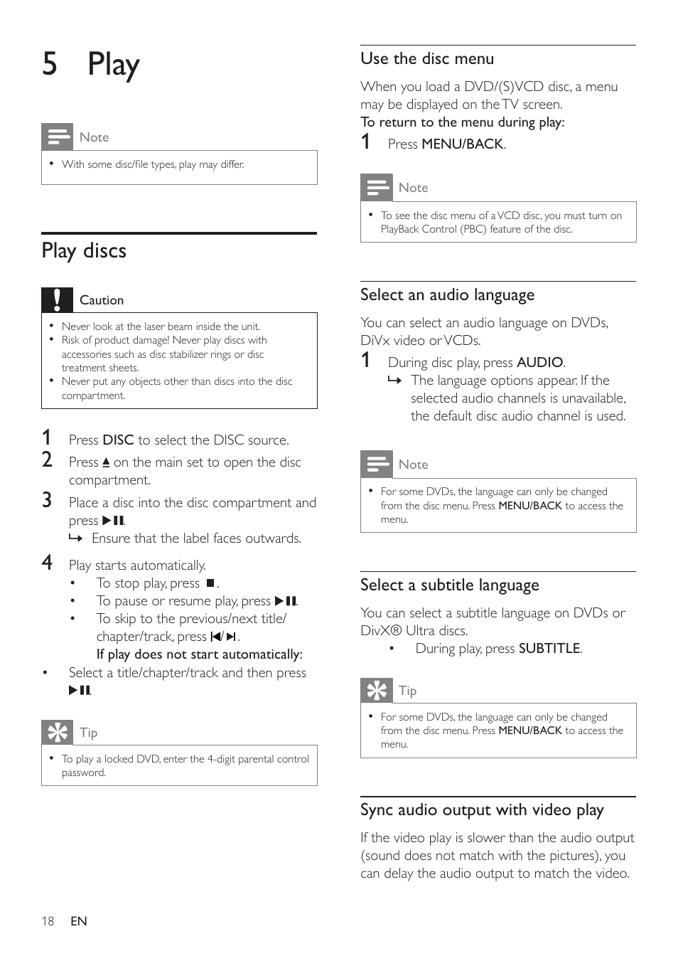 5 play, Play discs, Use the disc menu | Select an audio language, Select a subtitle language, Sync audio output with video play | Philips HSB2351/98 User Manual | Page 17 / 36