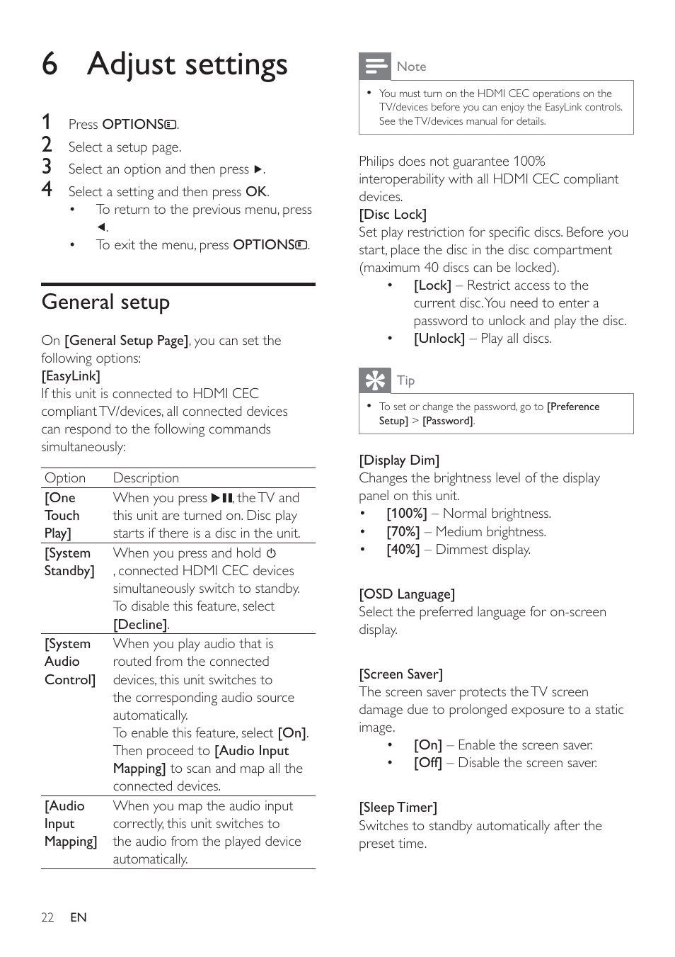 6 adjust settings, General setup | Philips HSB2351/98 User Manual | Page 21 / 36