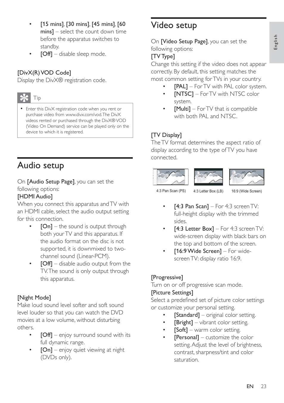 Video setup, Audio setup | Philips HSB2351/98 User Manual | Page 22 / 36