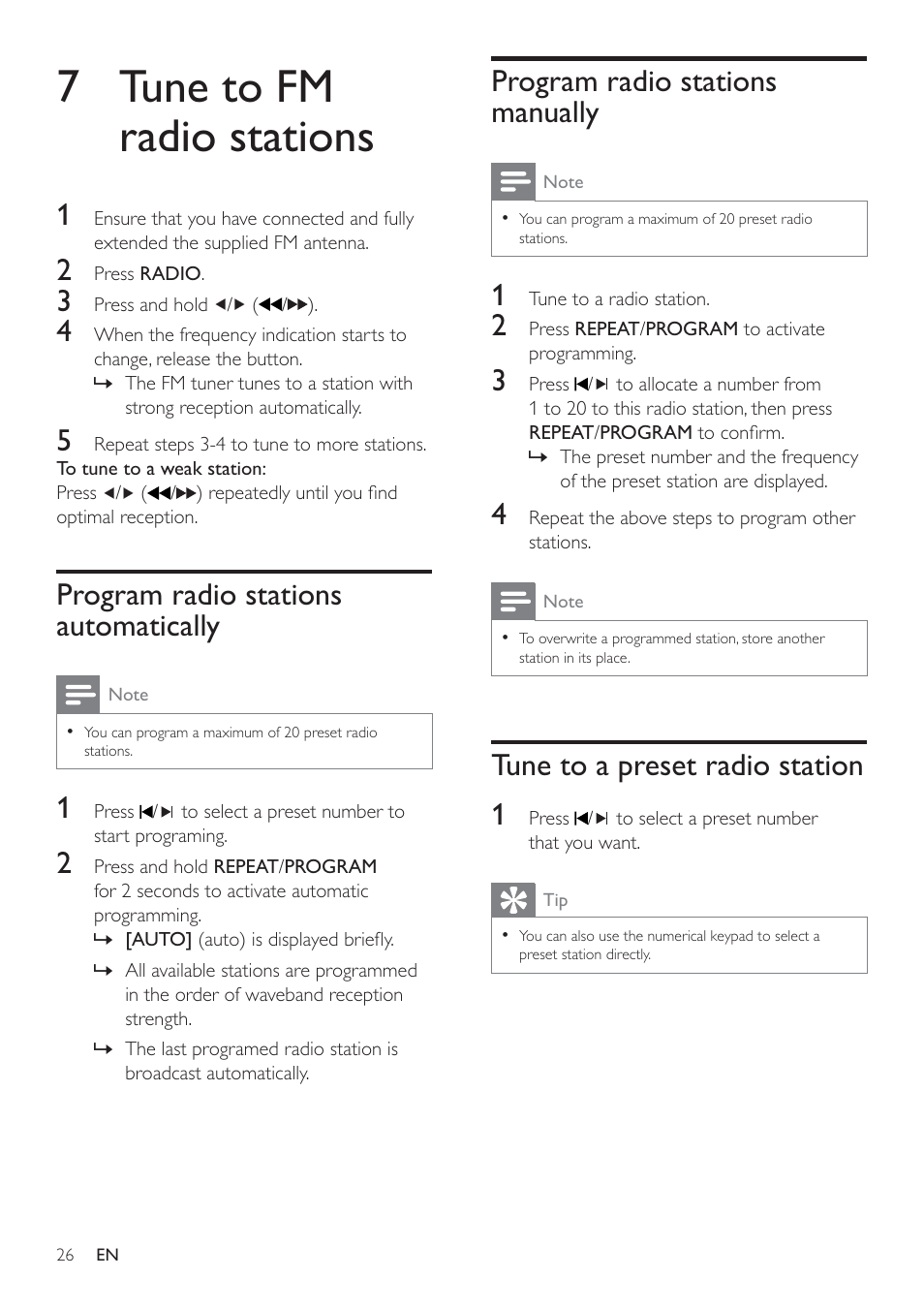 7 tune to fm radio stations, Program radio stations manually, Tune to a preset radio station 1 | Program radio stations automatically | Philips HSB2351/98 User Manual | Page 25 / 36