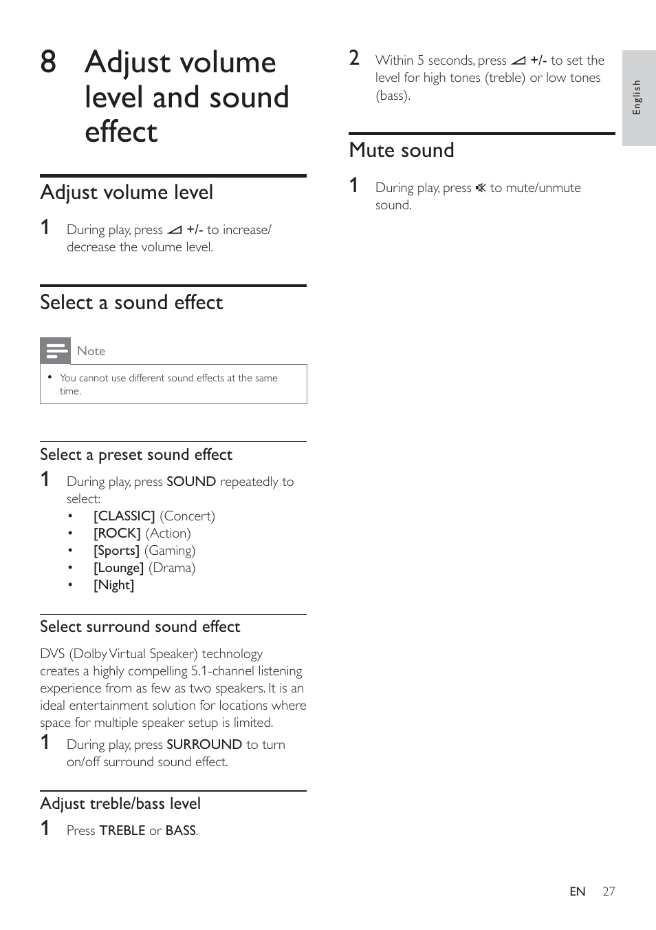 8 adjust volume level and sound effect, Mute sound 1, Adjust volume level 1 | Select a sound effect | Philips HSB2351/98 User Manual | Page 26 / 36