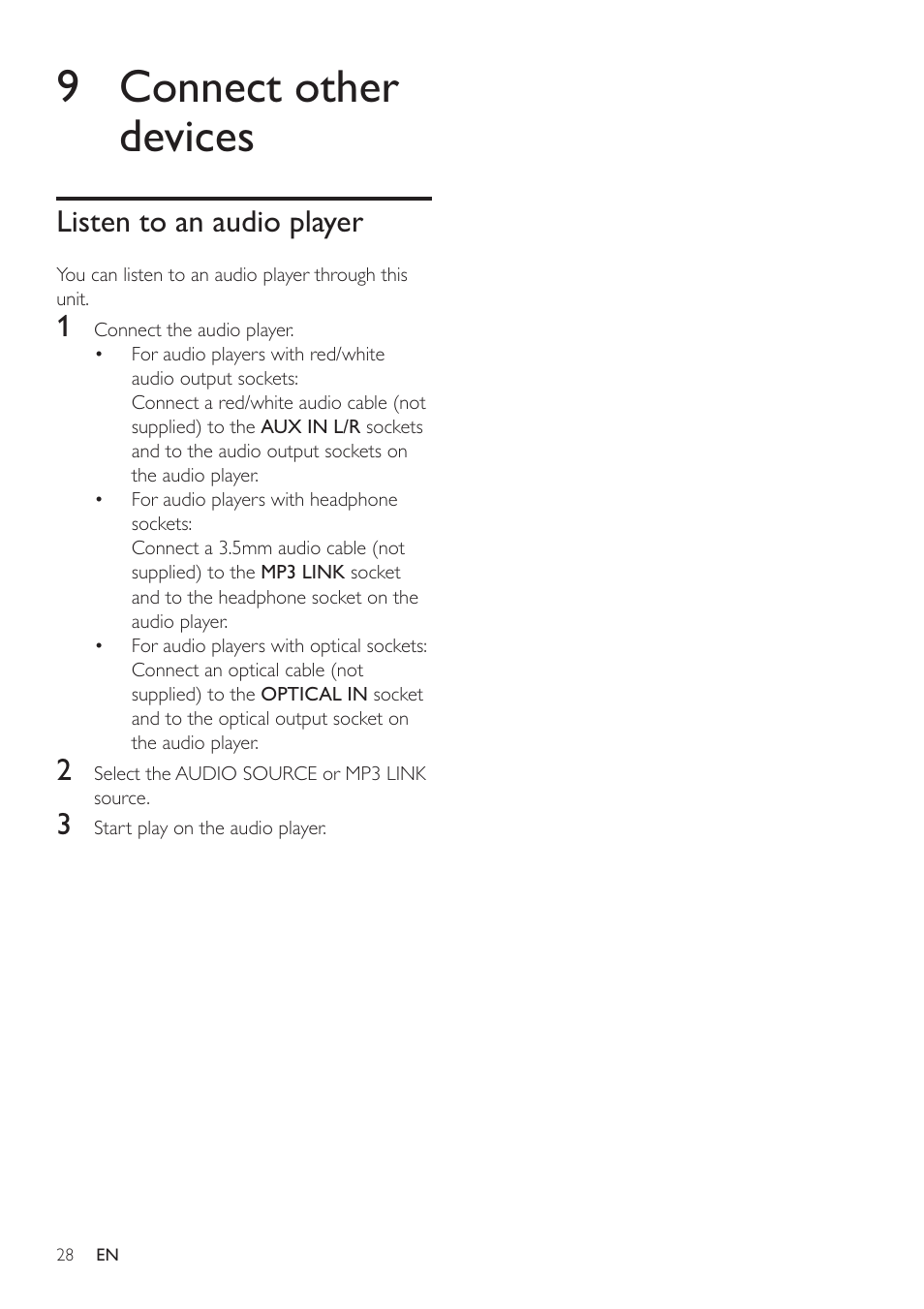 9 connect other devices, Listen to an audio player | Philips HSB2351/98 User Manual | Page 27 / 36