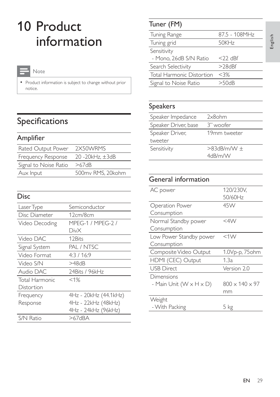 10 product information, Speciﬁ cations, Tuner (fm) | Speakers, General information, Ampliﬁ er, Disc | Philips HSB2351/98 User Manual | Page 28 / 36