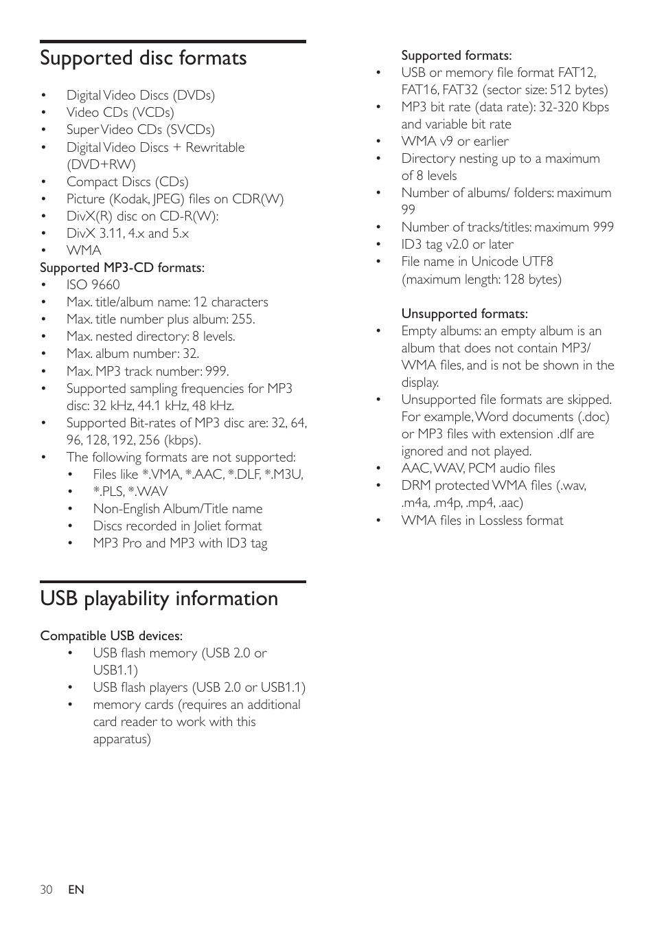 Supported disc formats, Usb playability information | Philips HSB2351/98 User Manual | Page 29 / 36