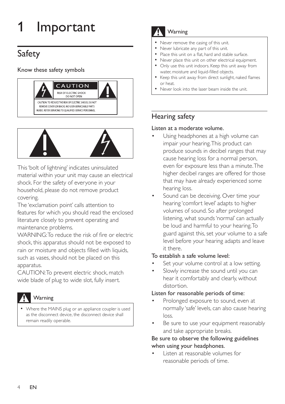 1 important, Safety, Hearing safety | Philips HSB2351/98 User Manual | Page 3 / 36