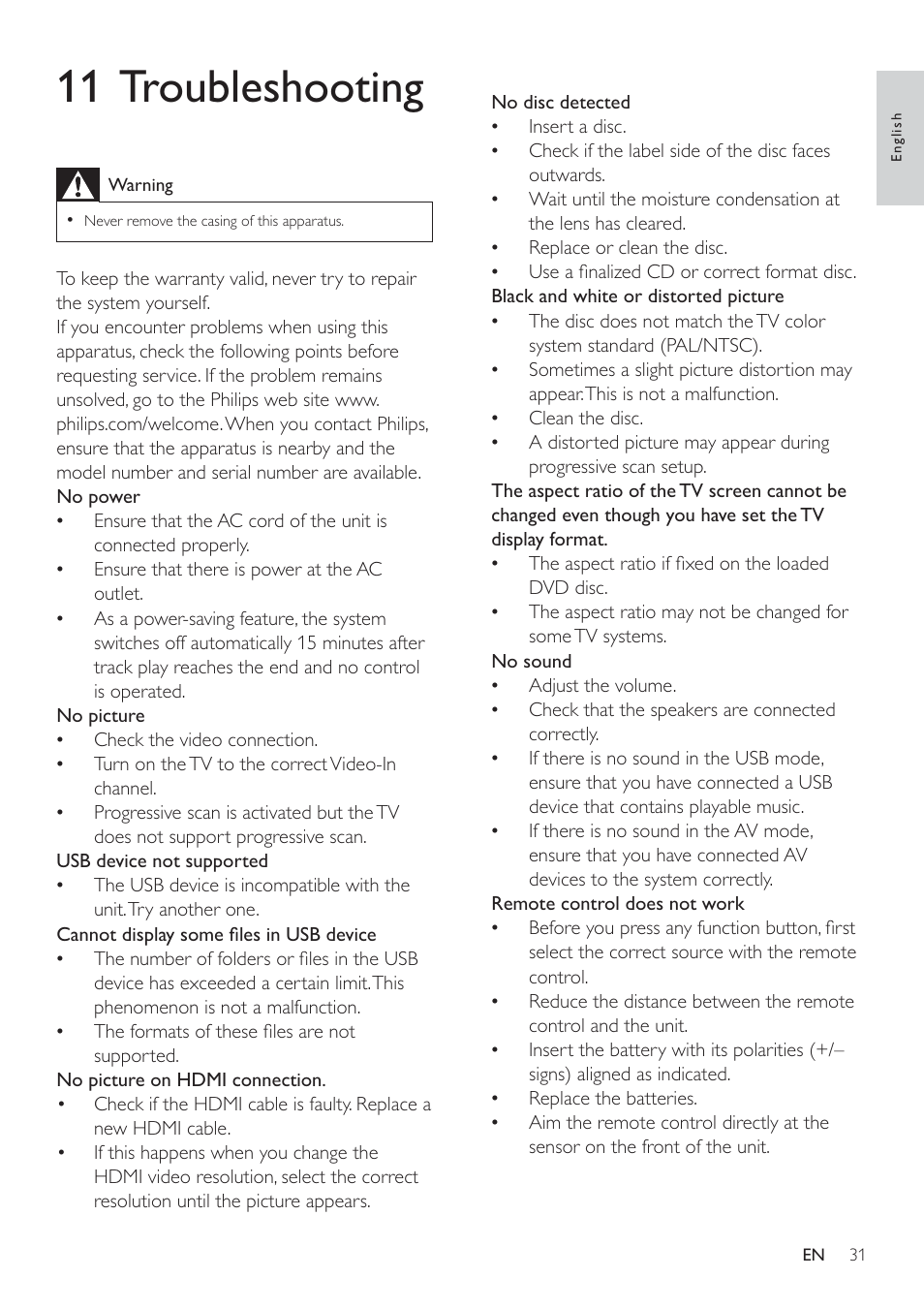 11 troubleshooting | Philips HSB2351/98 User Manual | Page 30 / 36