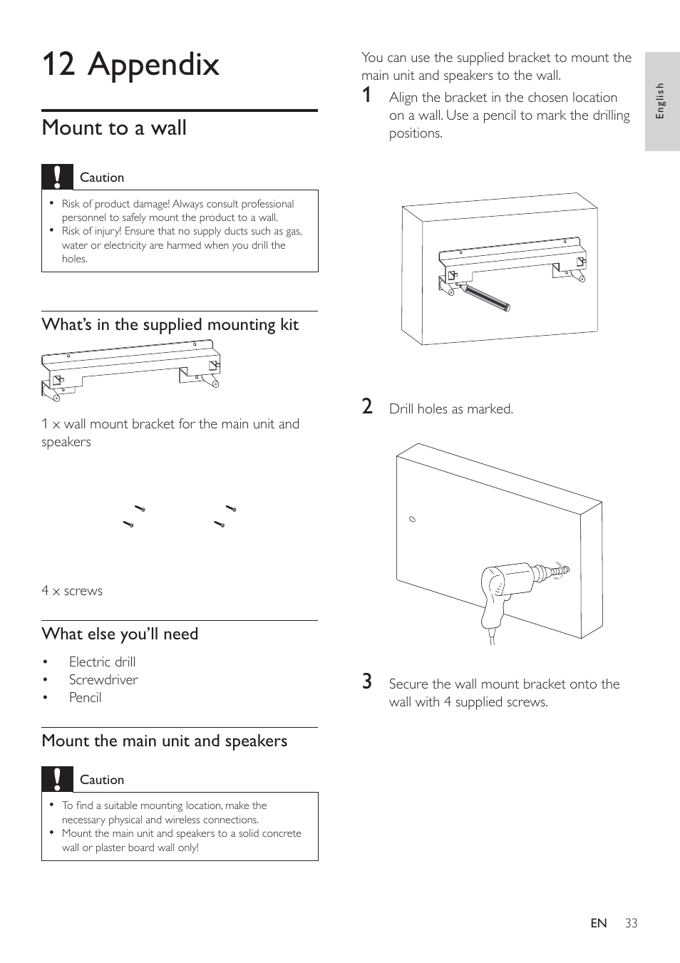 12 appendix, Mount to a wall, What’s in the supplied mounting kit | What else you’ll need, Mount the main unit and speakers | Philips HSB2351/98 User Manual | Page 32 / 36