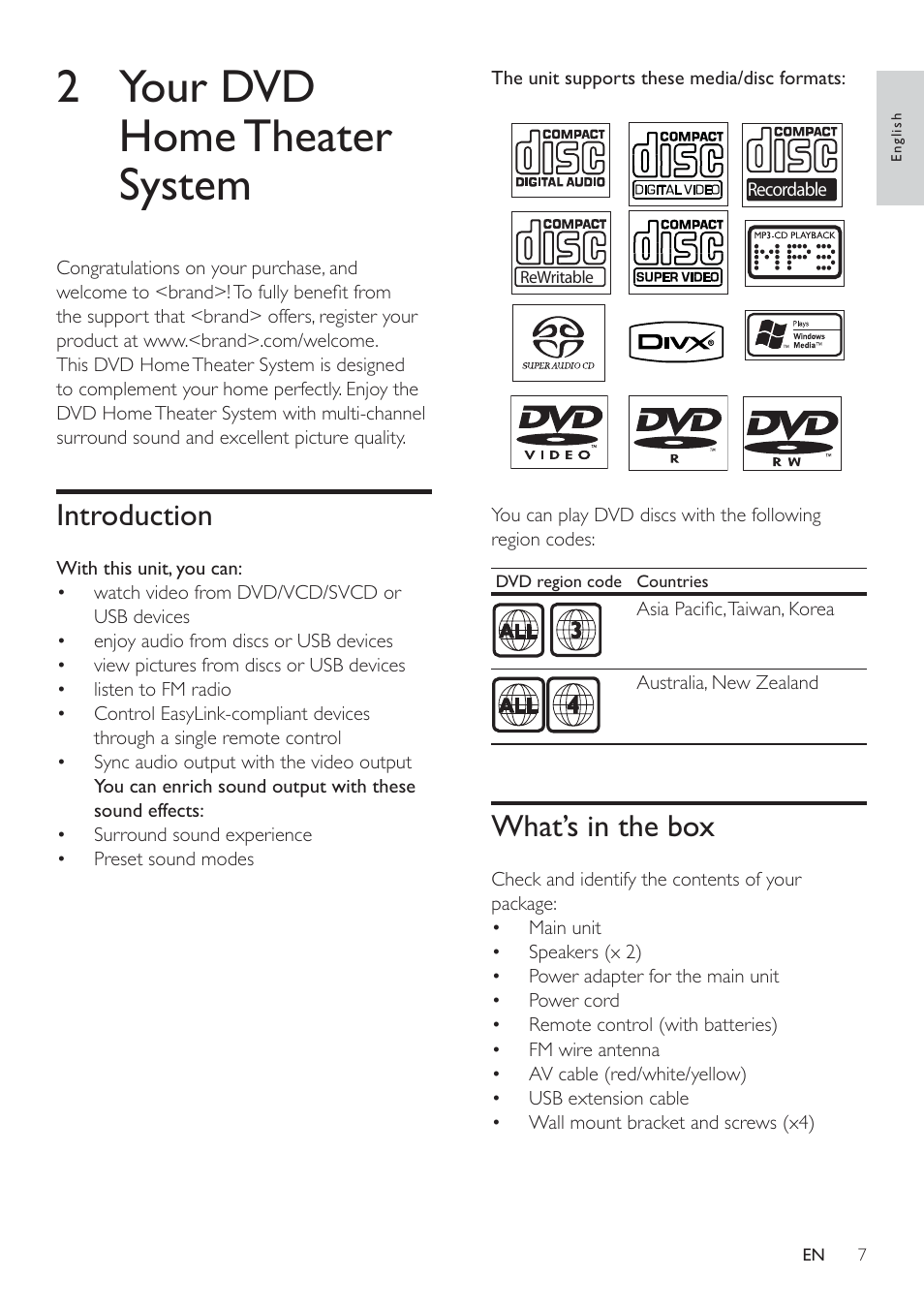 2 your dvd home theater system, What’s in the box, Introduction | Philips HSB2351/98 User Manual | Page 6 / 36