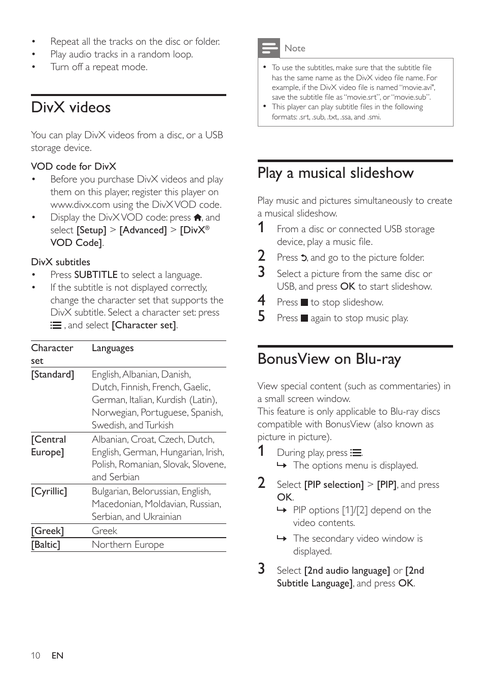 Divx videos, Play a musical slideshow, Bonusview on blu-ray | Philips BDP2980 User Manual | Page 10 / 22