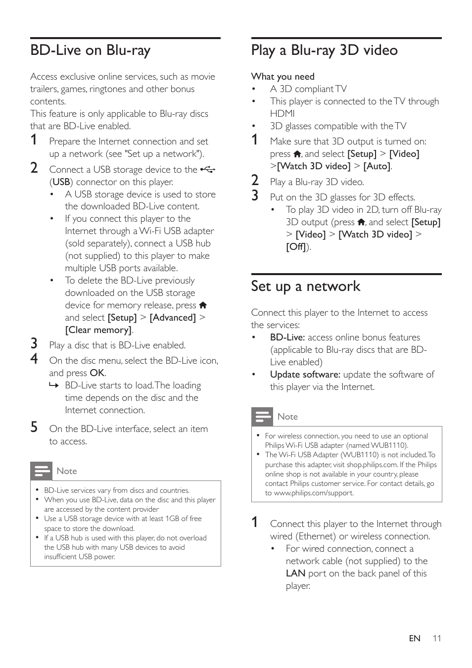 Bd-live on blu-ray, Play a blu-ray 3d video, Set up a network | Philips BDP2980 User Manual | Page 11 / 22