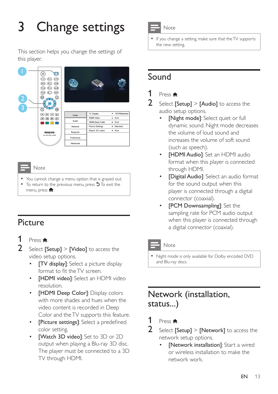 3 change settings, Picture, Sound | Network (installation, status...), Picture 1, Sound 1, Network (installation, status...) 1 | Philips BDP2980 User Manual | Page 13 / 22