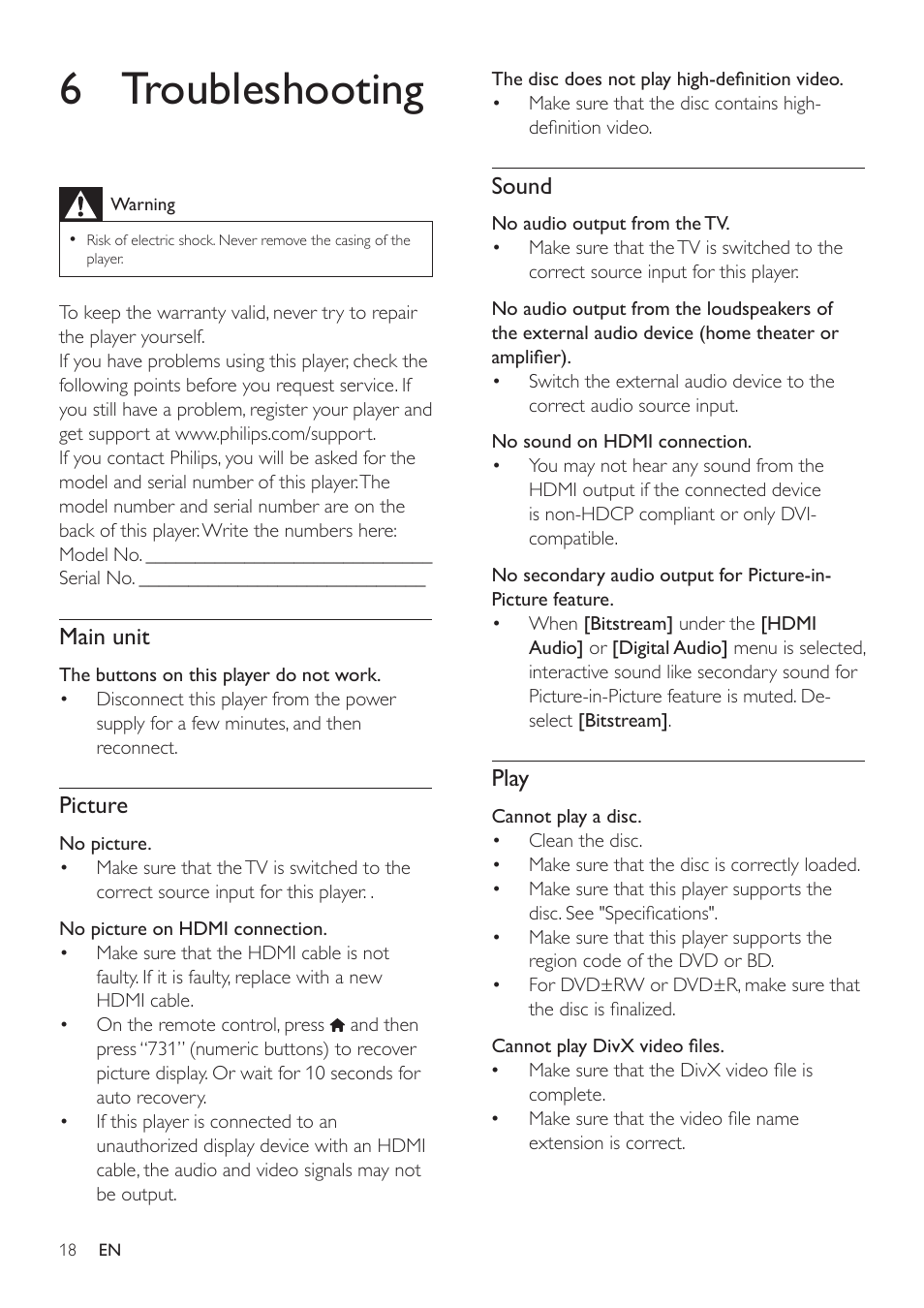 6 troubleshooting, Main unit, Picture | Sound, Play | Philips BDP2980 User Manual | Page 18 / 22