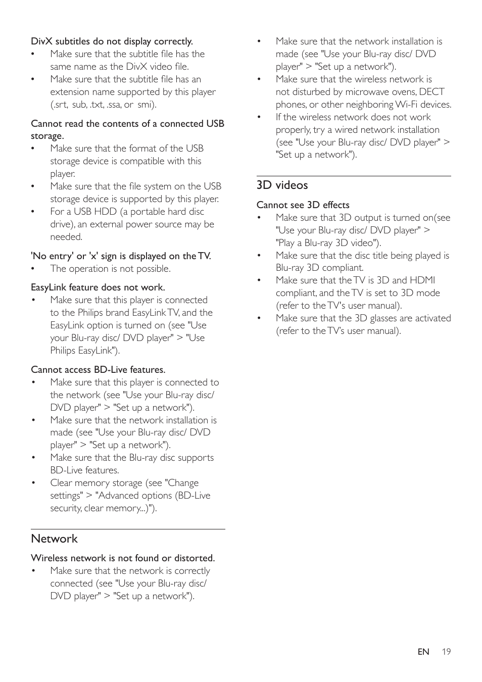 Network, 3d videos | Philips BDP2980 User Manual | Page 19 / 22