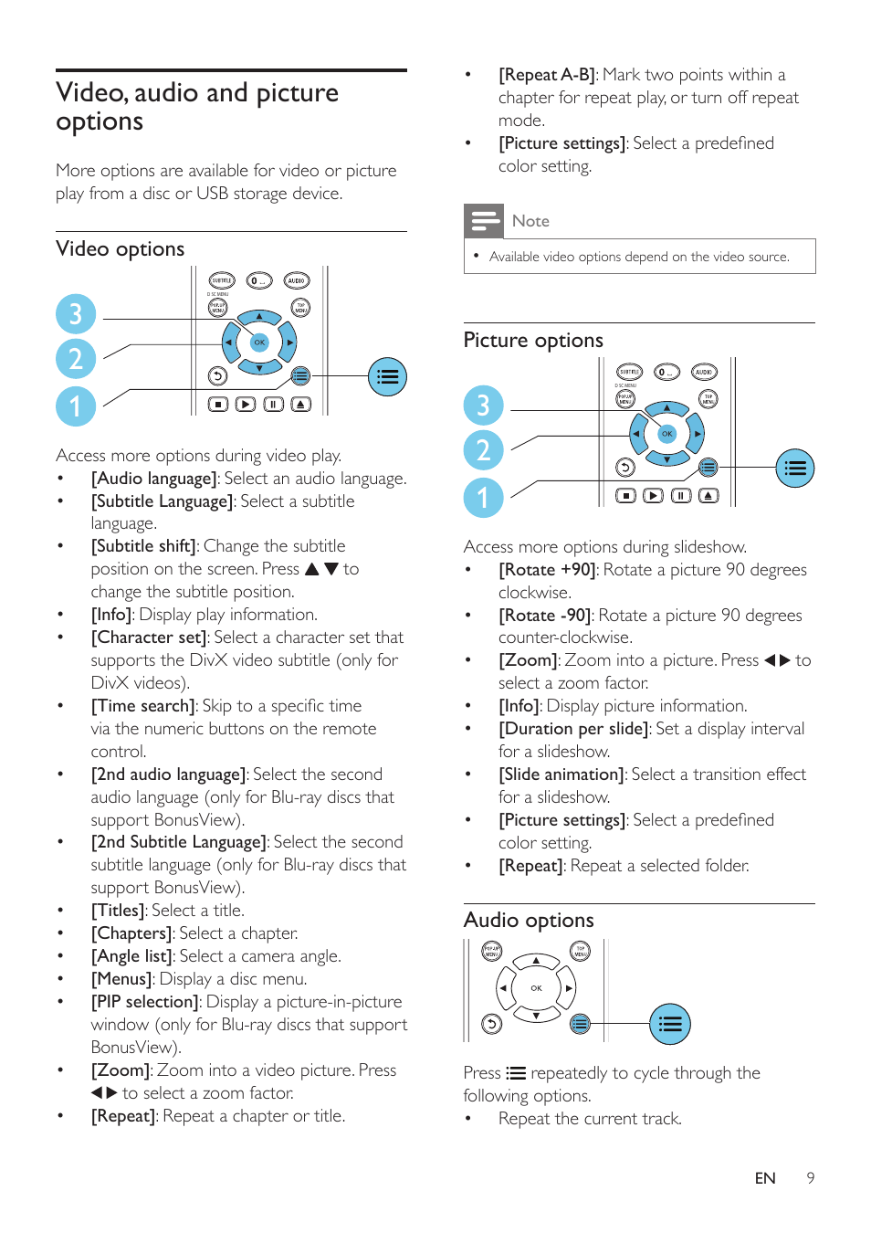 Video, audio and picture options | Philips BDP2980 User Manual | Page 9 / 22