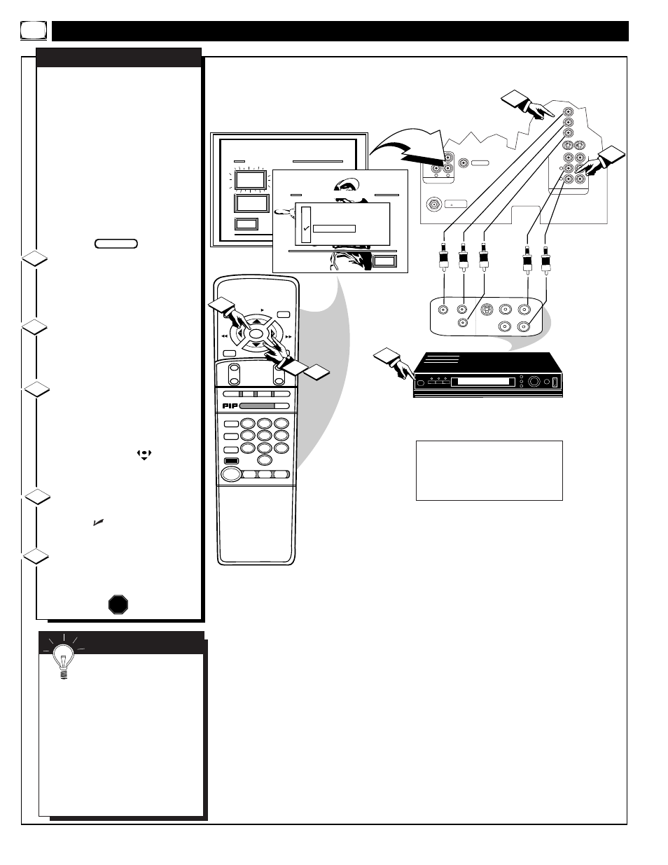 Sing the, Udio, Ideo | Nput, Acks, Continued, Video out jacks from the dvd player to the (y p, Stop, Mart | Philips MAGNAVOX 9P5531C1 User Manual | Page 30 / 52