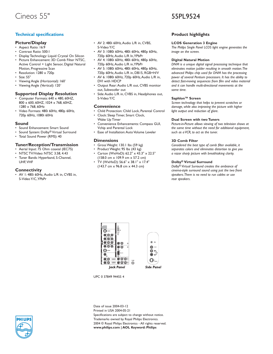 Cineos 55 | Philips Cineos 55PL9524 User Manual | Page 2 / 2