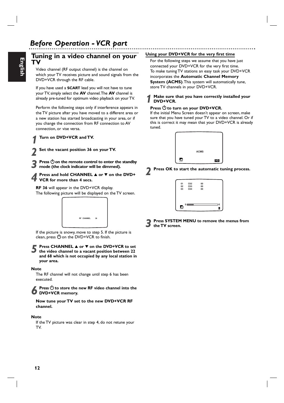 Before operation - vcr part, Tuning in a video channel on your tv, English | Philips DVP 3055V User Manual | Page 12 / 37