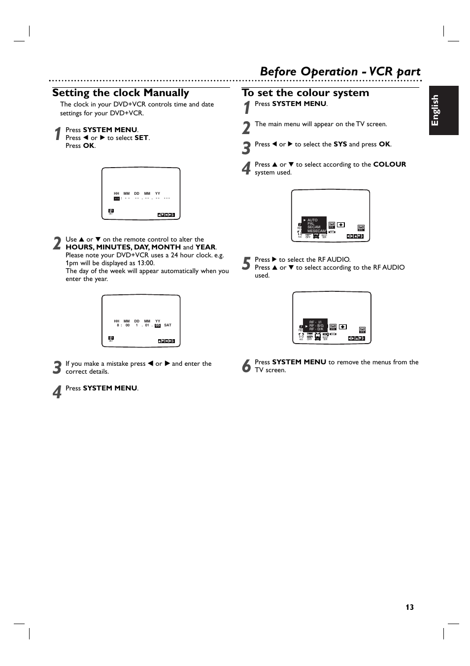 Before operation - vcr part, Setting the clock manually, English | Press system menu, The main menu will appear on the tv screen, Press 1 or 2 to select the sys and press ok | Philips DVP 3055V User Manual | Page 13 / 37