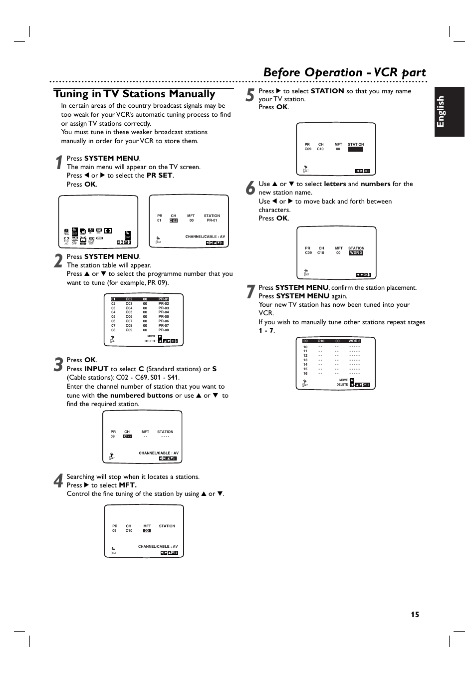 Before operation - vcr part, Tuning in tv stations manually, English | Philips DVP 3055V User Manual | Page 15 / 37