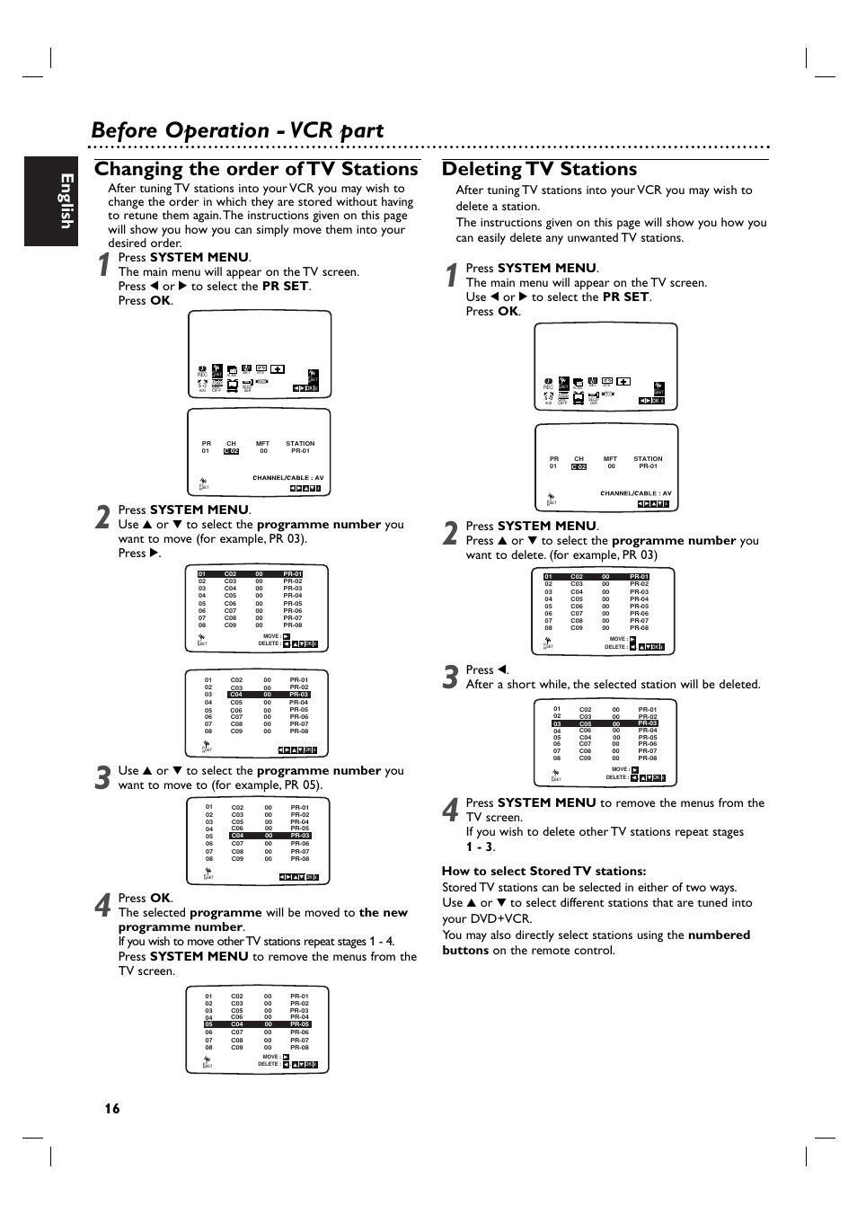 Before operation - vcr part, Changing the order of tv stations, Deleting tv stations | English | Philips DVP 3055V User Manual | Page 16 / 37