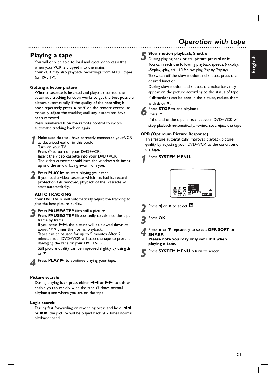 Operation with tape, Playing a tape, English | Philips DVP 3055V User Manual | Page 21 / 37