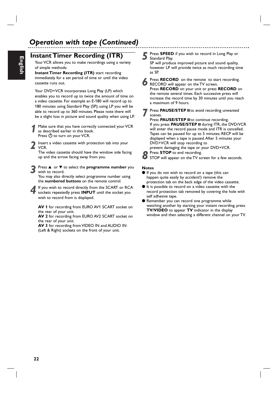 Operation with tape (continued) | Philips DVP 3055V User Manual | Page 22 / 37