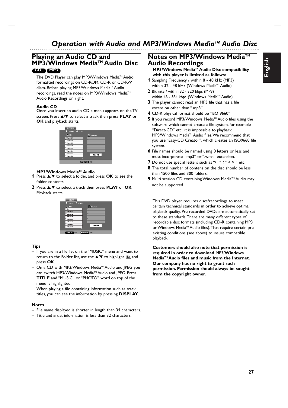 Operation with audio and mp3/windows media, Audio disc, Playing an audio cd and mp3/windows media | Audio recordings, English | Philips DVP 3055V User Manual | Page 27 / 37