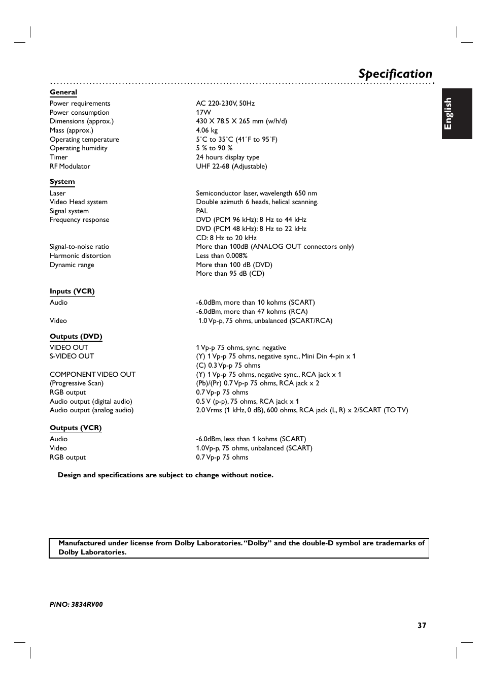 Specification, English | Philips DVP 3055V User Manual | Page 37 / 37