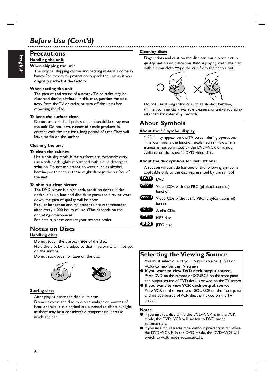 Before use (cont’d), Precautions, About symbols | Selecting the viewing source, English | Philips DVP 3055V User Manual | Page 6 / 37