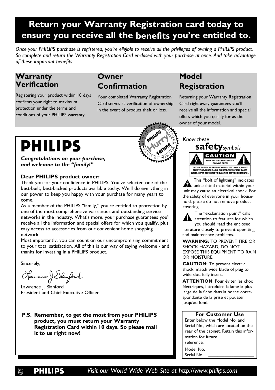 Safety, Hurry, Warranty verification | Owner confirmation, Model registration, Know these, Symbols | Philips DVD795SA User Manual | Page 2 / 56