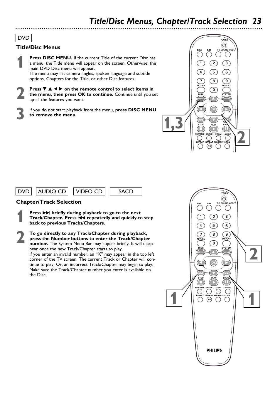 Title/disc menus, chapter/track selection 23, Chapter/track selection, Dvd audio cd video cd sacd | Title/disc menus | Philips DVD795SA User Manual | Page 23 / 56