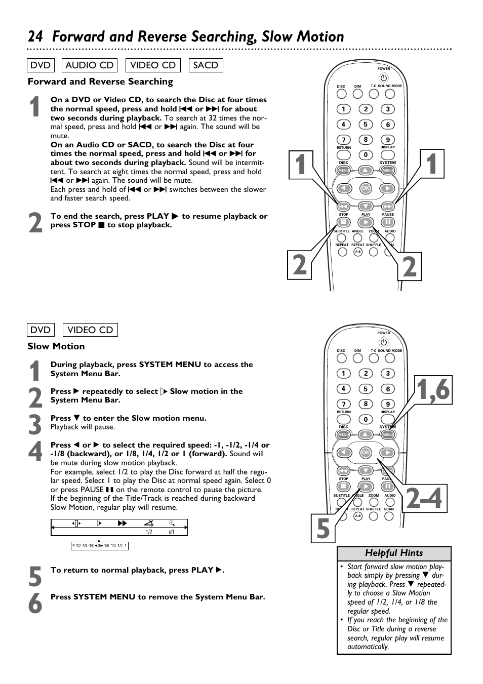 24 forward and reverse searching, slow motion | Philips DVD795SA User Manual | Page 24 / 56