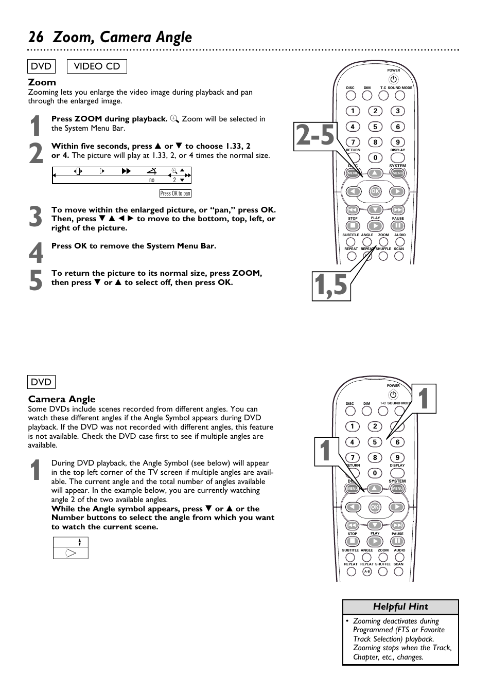 26 zoom, camera angle, Camera angle, Zoom | Dvd video cd dvd, Helpful hint | Philips DVD795SA User Manual | Page 26 / 56