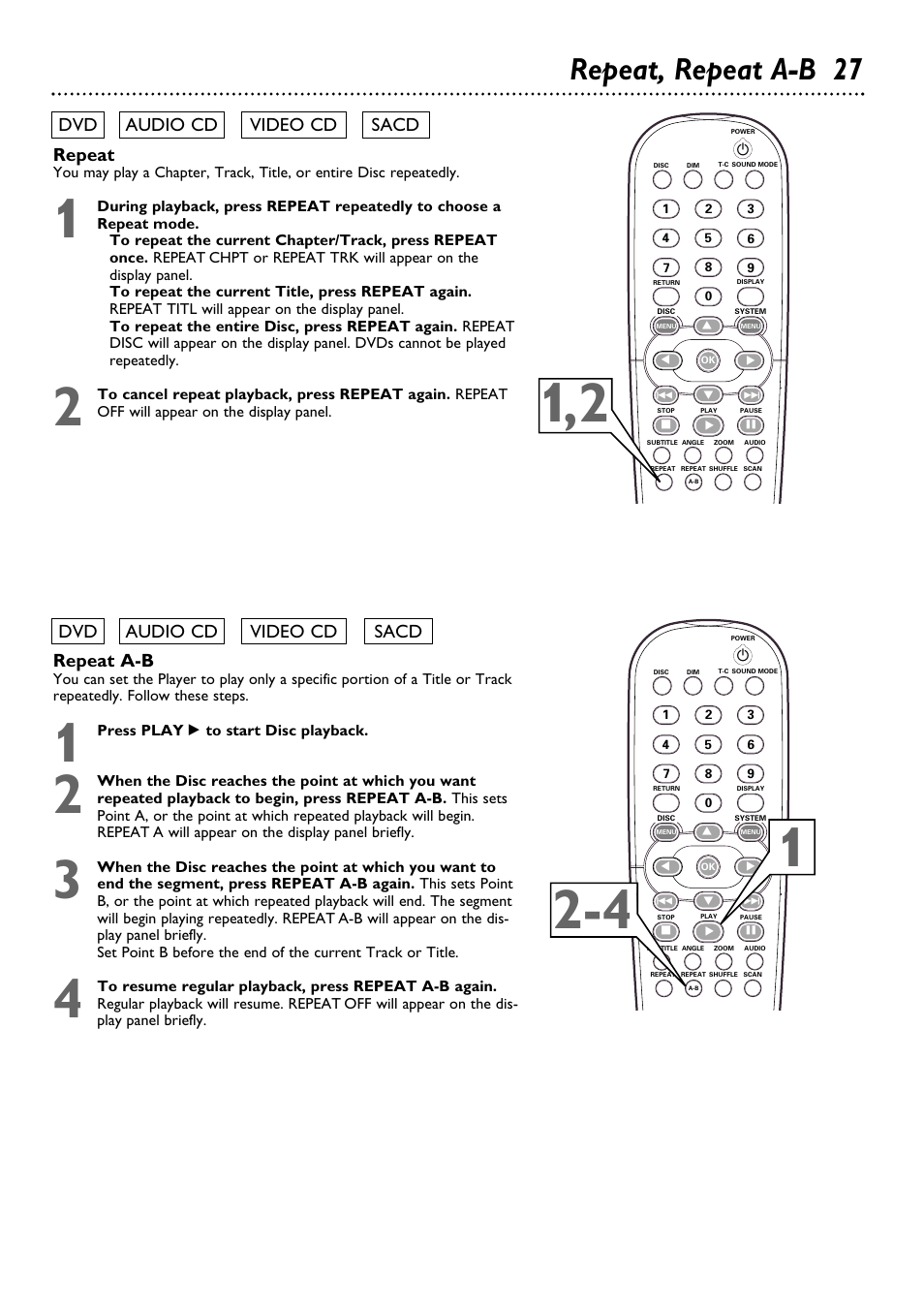 Repeat, repeat a-b 27, Repeat, Sacd | Philips DVD795SA User Manual | Page 27 / 56