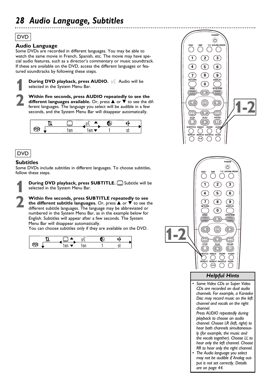 28 audio language, subtitles, Helpful hints, Audio language | Subtitles | Philips DVD795SA User Manual | Page 28 / 56