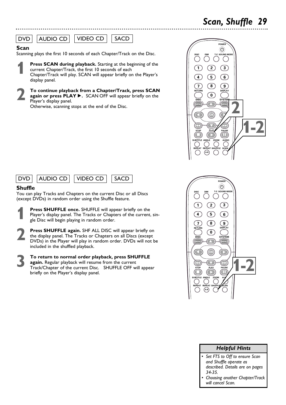 Scan, shuffle 29, Scan, Helpful hints | Sacd | Philips DVD795SA User Manual | Page 29 / 56