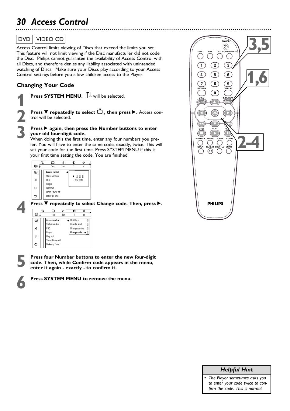 30 access control, Changing your code, Dvd video cd | Helpful hint | Philips DVD795SA User Manual | Page 30 / 56